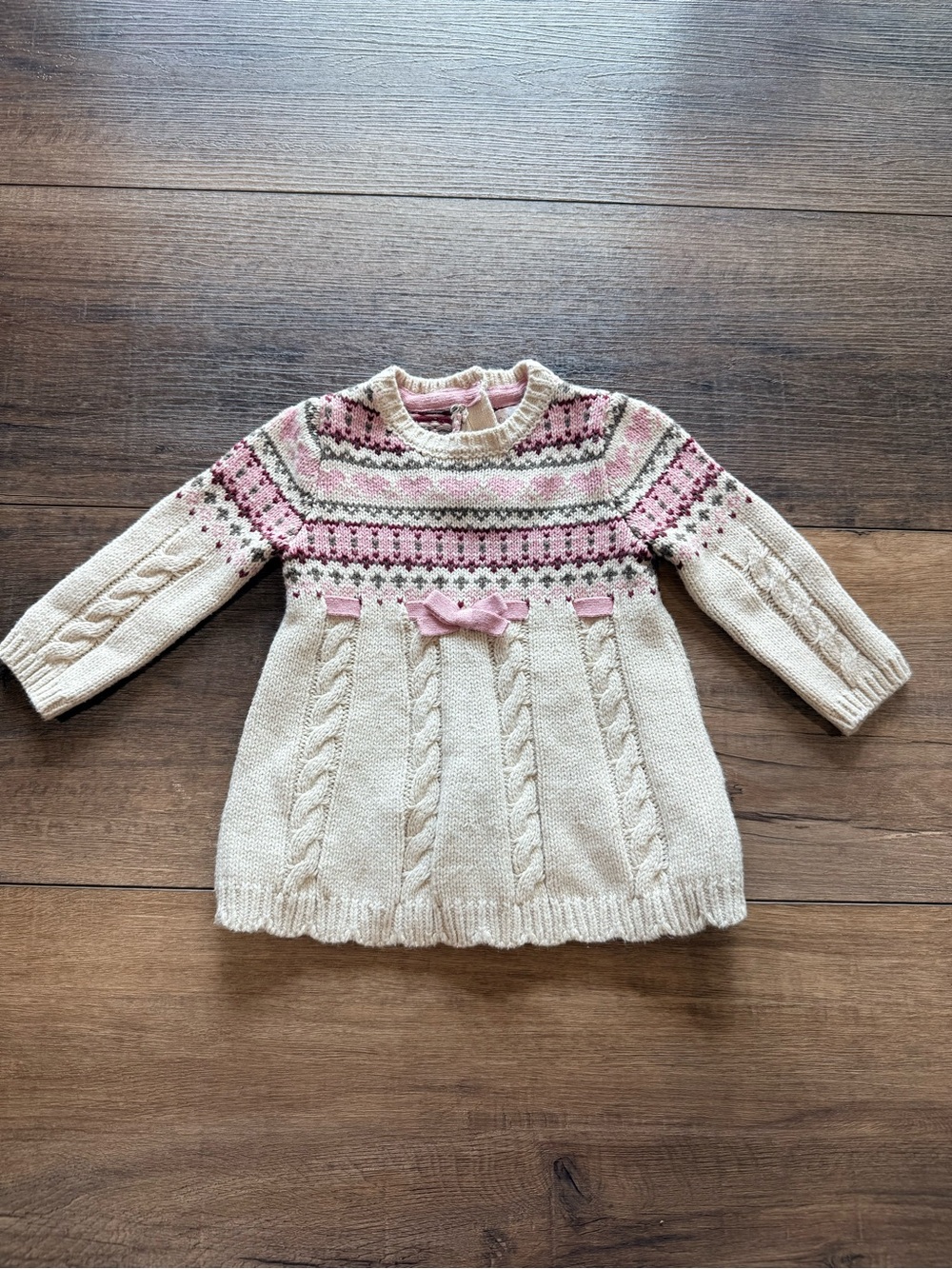 Catherine Malandrino Cream Knit Dress with Pink Fair Isle Yoke Size 0-3 Months